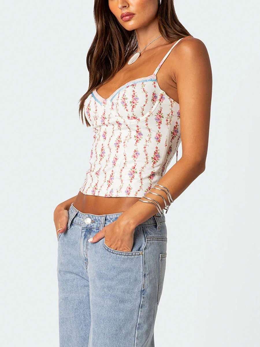 Women Floral Print Tie Strap V - Cami Top Lace reseña y precio