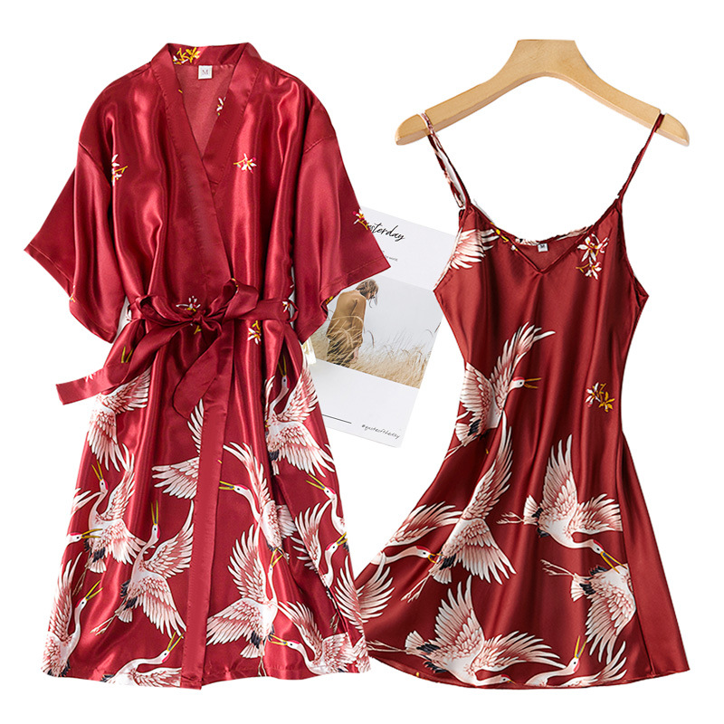 Burgundy Women 2PCS Faux Silk  - Robe Silk Women reseña y precio